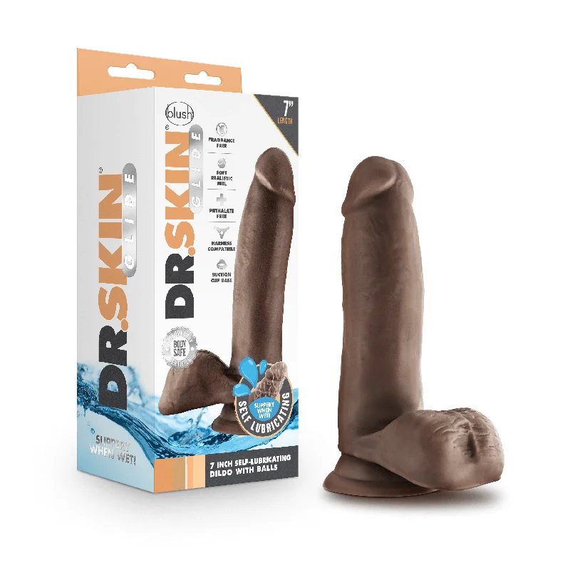 Dr. Skin Glide - 7 Inch Self Lubricating Dildo  With Balls - Chocolate