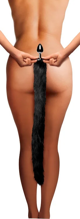 Black Extra Long Mink Tail Metal Anal Plug