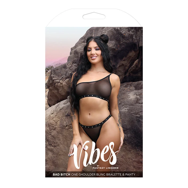 Fantasy Lingerie Vibes Bad Bitch One-Shoulder Bling Bralette & Bikini Panty Black L/XL